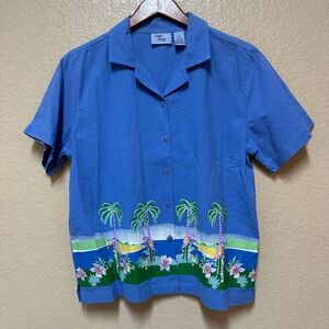 Jane Ashley Cotton Beach Print Button Down Shirt Size M Summer Vacation Beachy